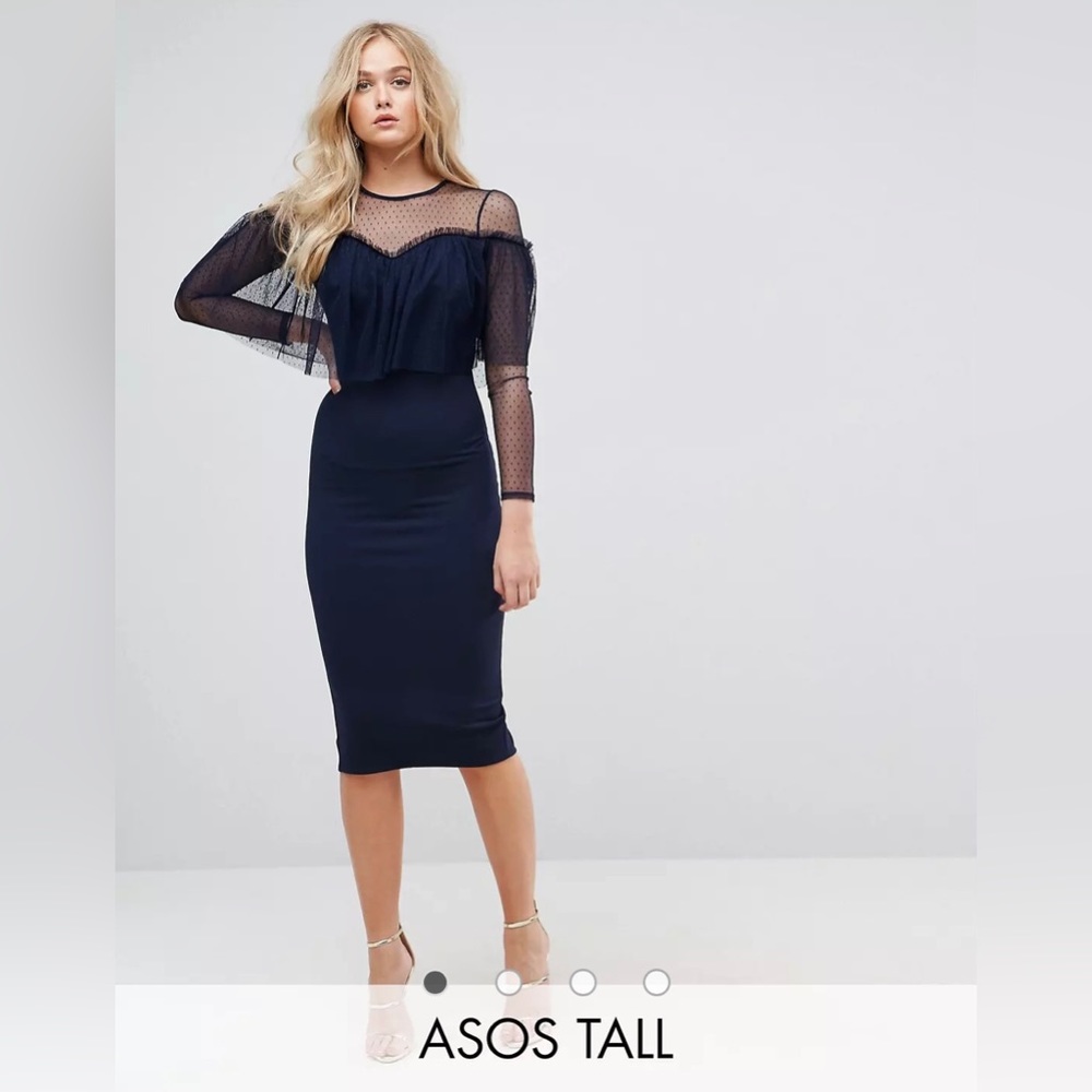 ASOS Tall Dobby long sleeve ruffle bodycon Midi dress - Navy - US 2